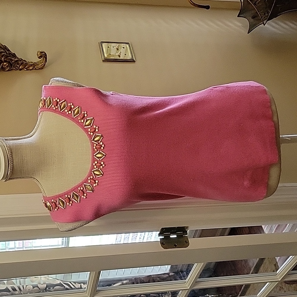 Ruby Rd pink tank gold white pink faceted/bugle beads stretch pullon…Large EUC…